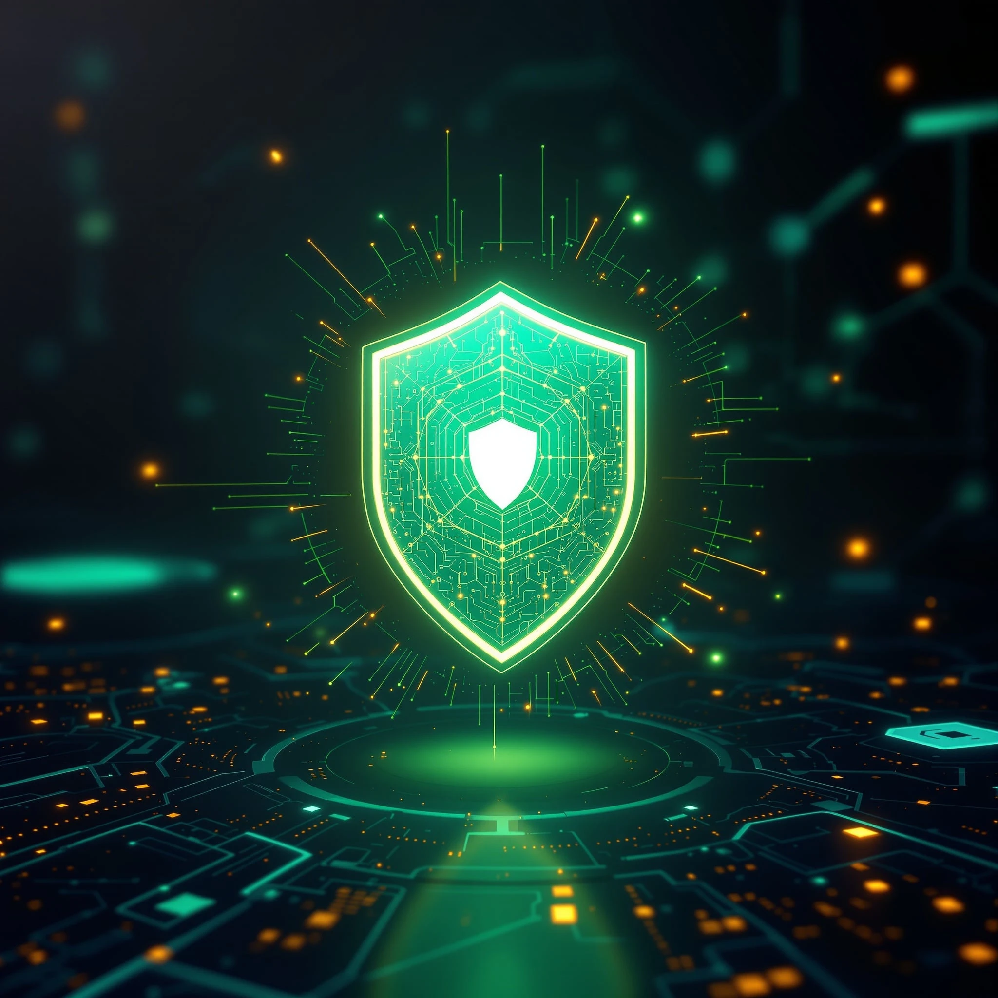 Escudo de seguridad blockchain con resplandor esmeralda